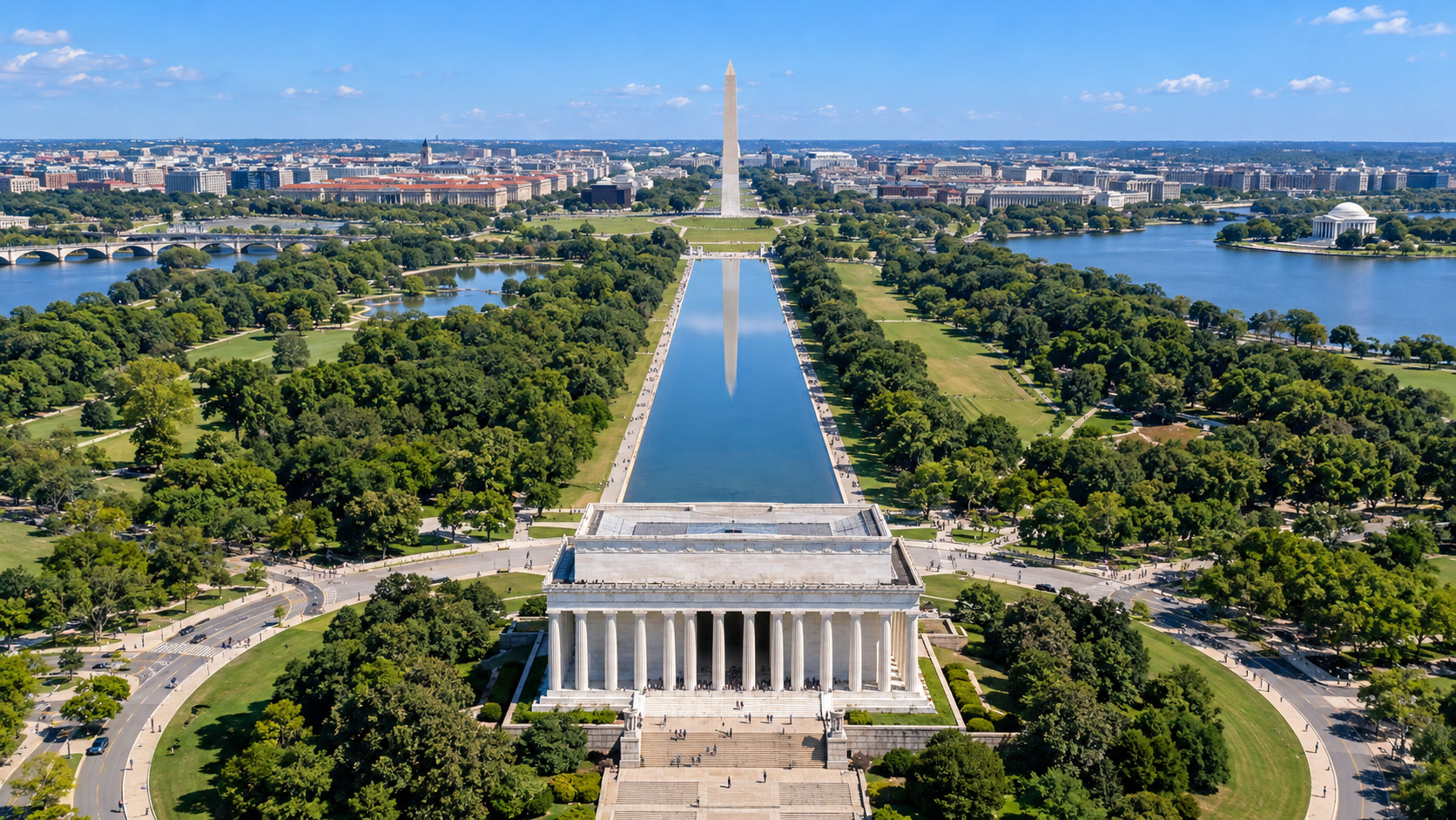 Aerial view of the Lincoln Memorial, Reflecting Pool, and Washington Monument in Washington, D.C.