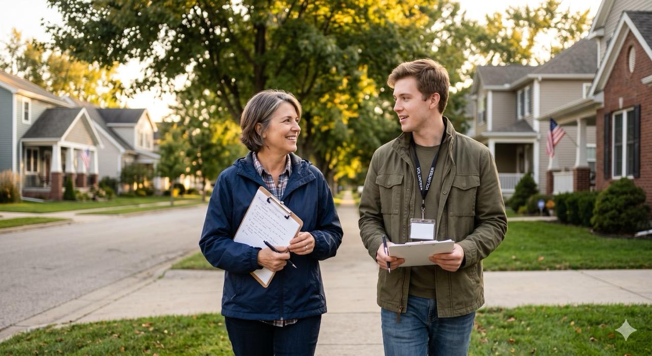 Two canvassers carrying clipboards in a residential neighborhood.