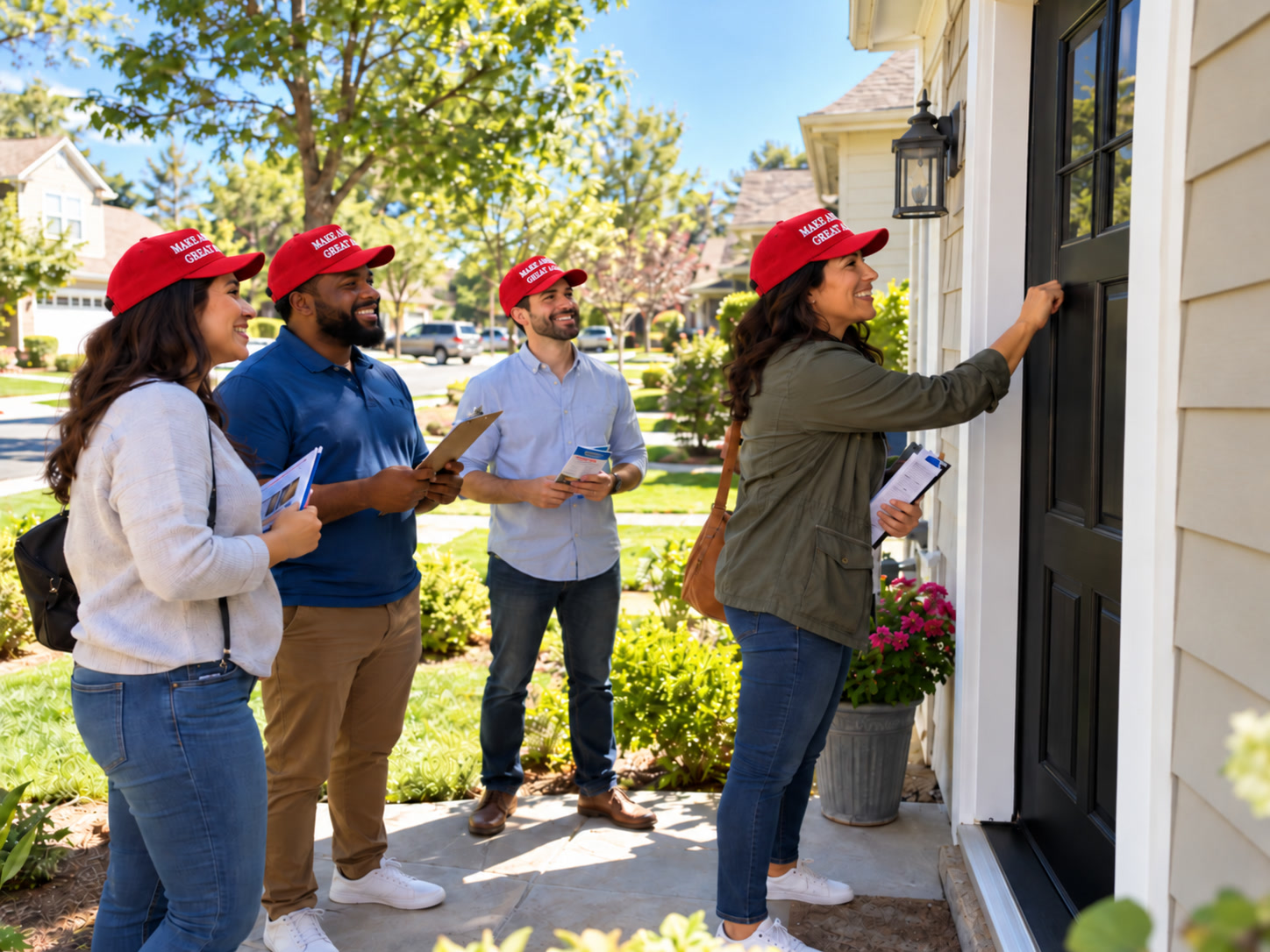 Four canvassers with clipboards and outreach materials at a suburban front door.
